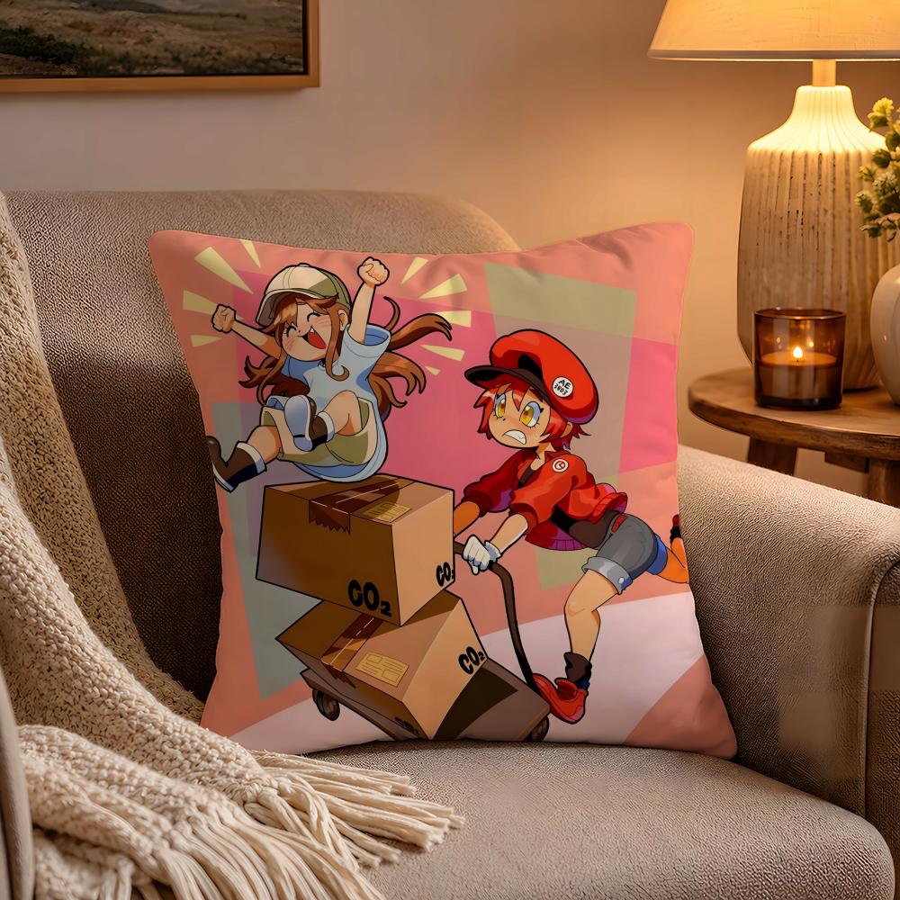 Cells At Work Pillow Case Soft Plush Cushion Cover Double Print and Invisible Zipper for Sofa Home Car Use