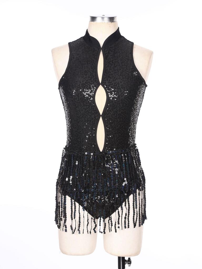 Women's Shiny Sequins Tassel Latin Jazz Dance Leotard Backless Fringed Bodysuit Lyrical Dance Costume