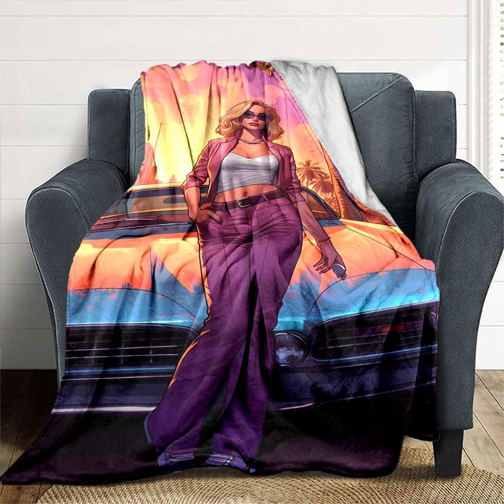 1 шт. Мягкое фланелевое одеяло Grand Theft Auto с дизайнерским принтом. Уютное одеяло для всех сезонов, идеально подходит для дивана, кровати, офиса