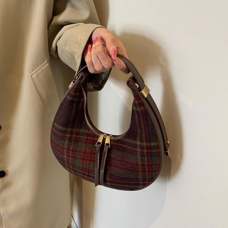 PU Leather Small Bag for Women Grid Striped Half Moon Shoulder Bags Retro Female Underarm Bags Girls New