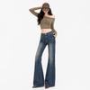 Retro pocket design jeans women's autumn and winter elastic American style old drape Spice girl horn pants