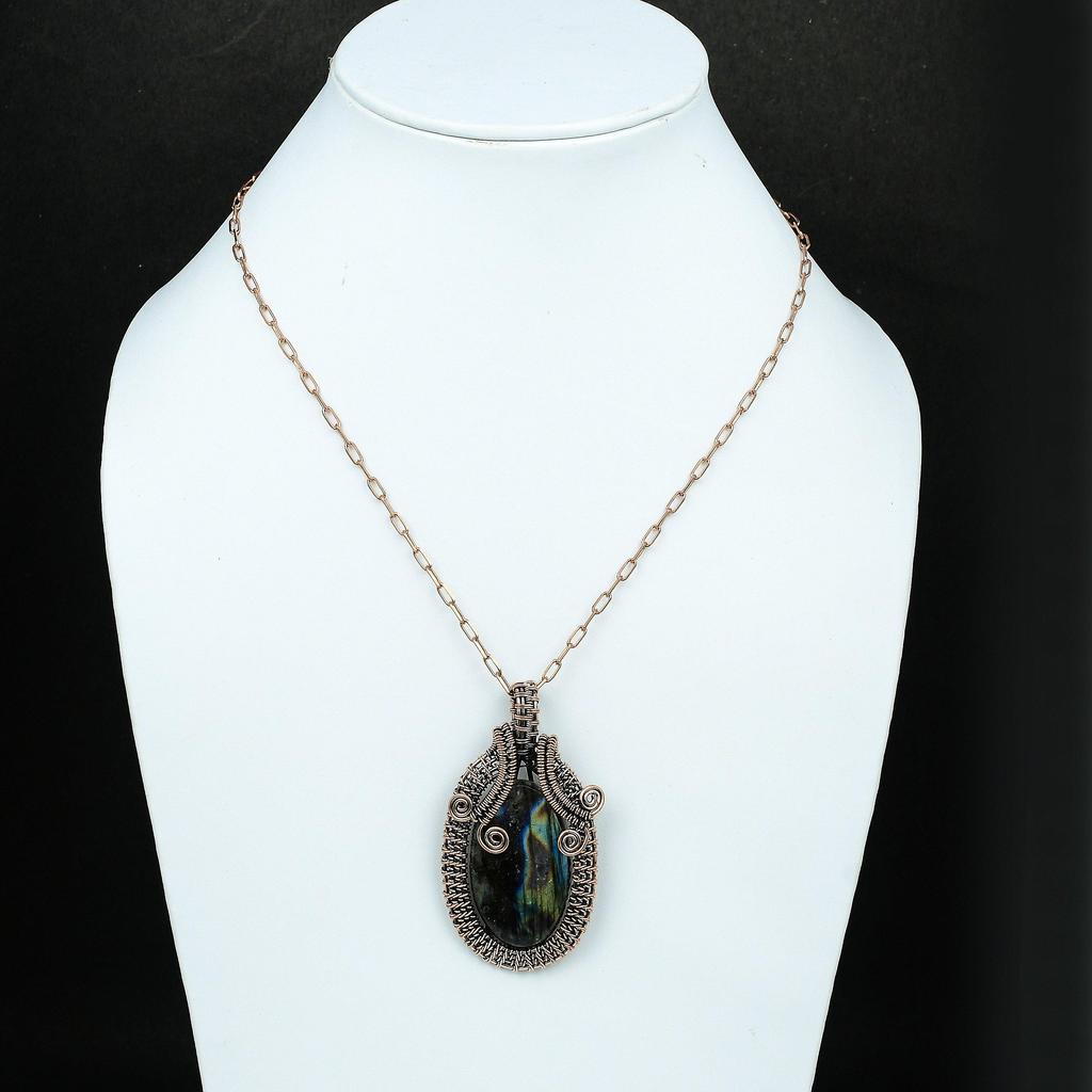 Кулон из лабрадорита и меди, подвеска из медной проволоки с драгоценным камнем, уникальный подарок ручной работы для нее, ювелирные изделия из лабрадорита и меди, свадебный подарок