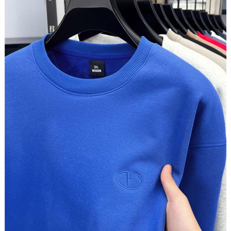 High-End Men's Royal Blue Embroidered Sweatshirt, Round Neck, Velvet-Lined for Autumn/Winter Warmth
