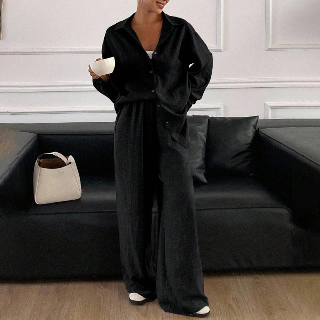 Женский повседневный костюм свободного кроя, хлопковая и льняная рубашка с длинным рукавом, брюки, комплект из двух предметов