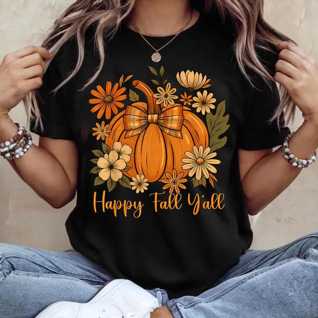 Preppy Floral Pumpkin Harajuku Tshirt Female Fashion Retro Tshirt Oversized Tshirt Casual Style Street Trend Graphic Y2K