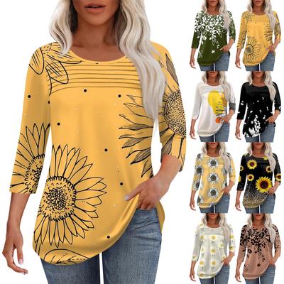 Женская мода круглый вырез шея плиссированная передняя планка однотонный топ рукав 3/4