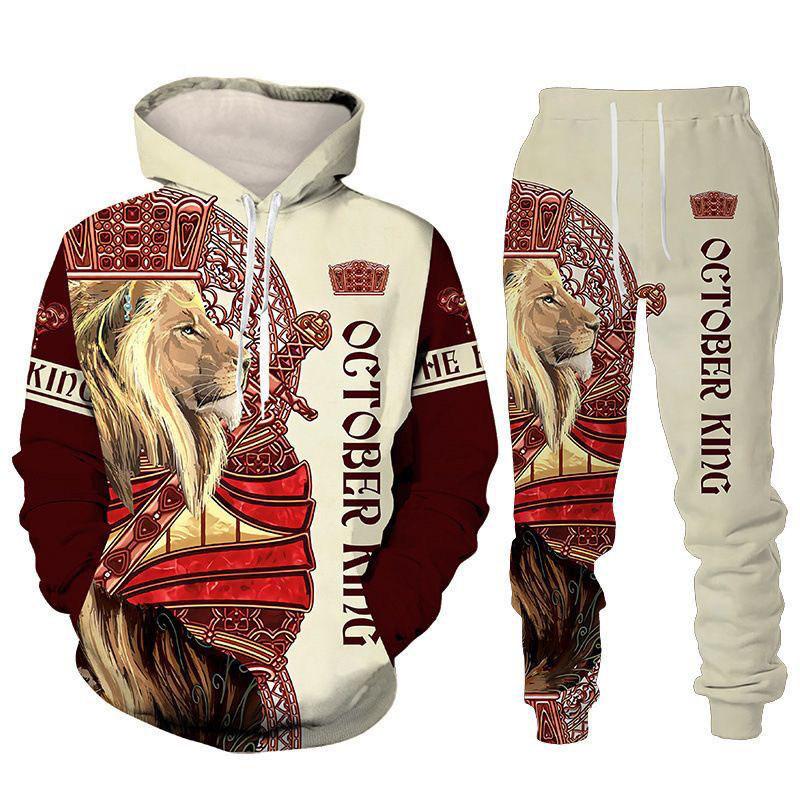 Трендовый животный принт Лев 3D Мужские комплекты спортивных костюмов Повседневная толстовка и штаны 2 предмета Комплекты Свободная толстовка Модная мужская одежда