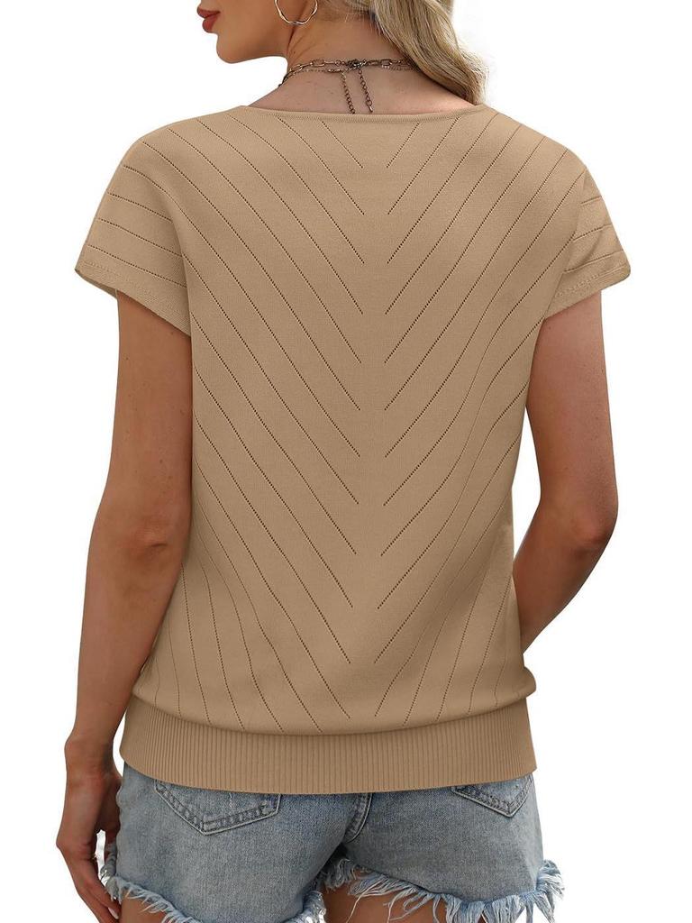 Летний горячий тренд 2026 года Пляжный отдых Короткий рукав V-образный вырез Ажурный повседневный вязаный свитер для женщин