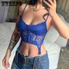 WTEMPO Women Lace Floral Y2K Chic Bodycon Camis Retro Fairycore Cropped Corset Tank Tops Harajuku Solid Blue Short Shirts