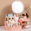 Makeup Storage Box Organizer with LED Mirror Large Capacity Multiple Compartments Makeup Brush Storage Box Countertop Organizer