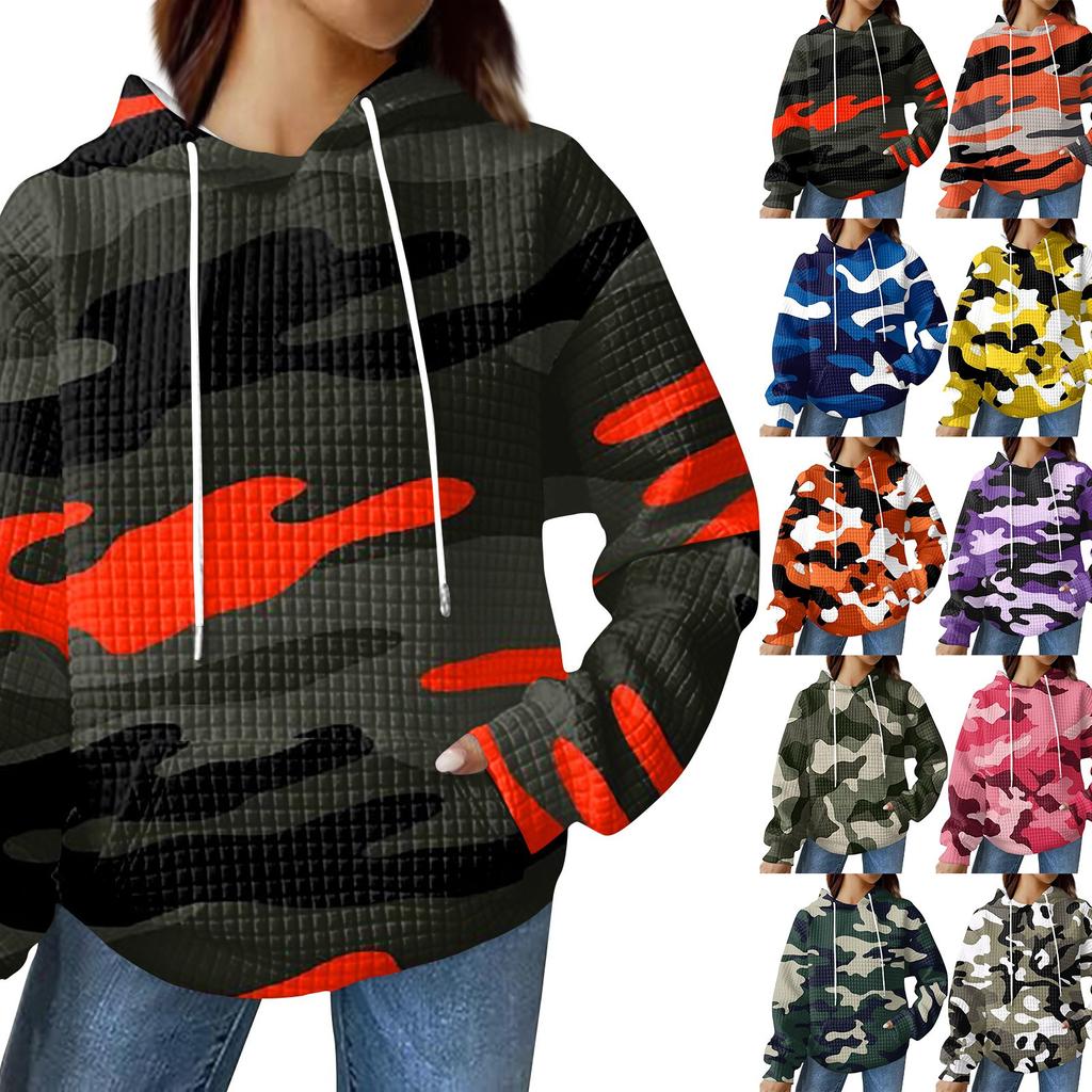 Women's Fashionable Loose Fitting Hooded Pullover, Long Sleeved Sportswear, Camouflage Printed Top, Daily Hoodie
