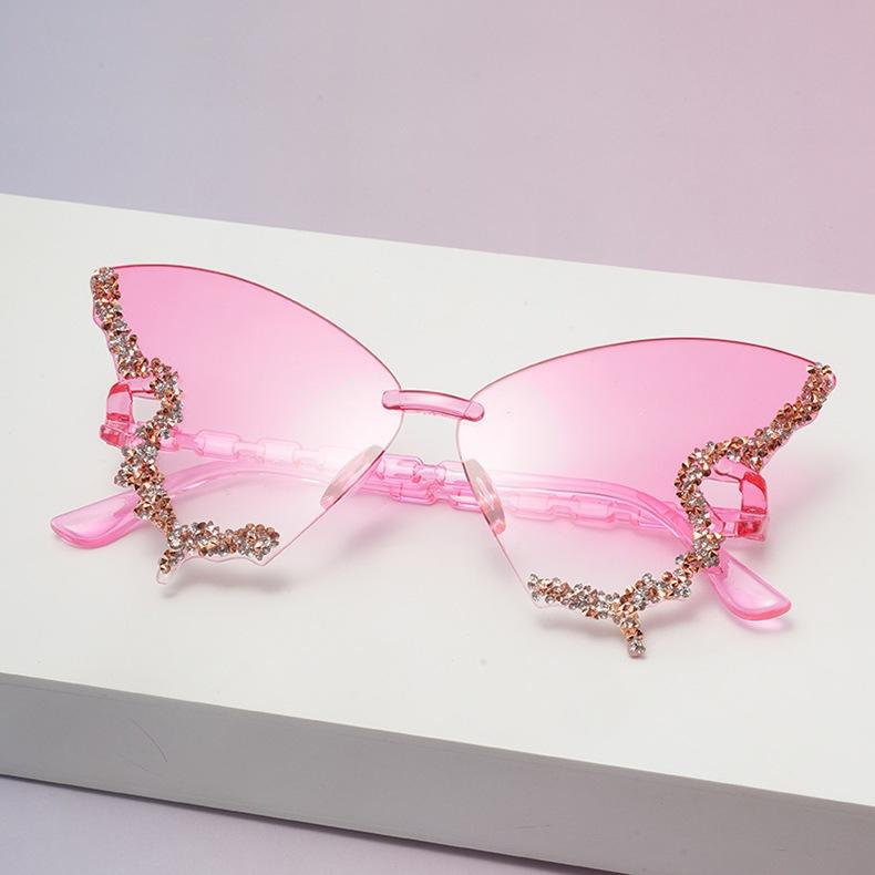 New butterfly shape diamond frameless sunglasses women's fashion exaggerated sunglasses European and American broken diamond glasses