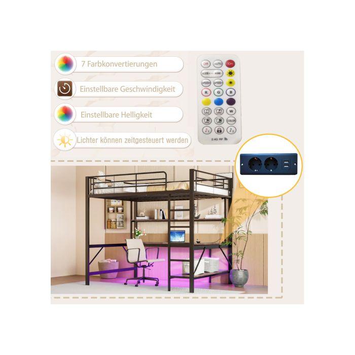 Lit mezzanine - MUVOE - 140x200 cm - Noir - Prises USB et électrique - Éclairage 7 couleurs