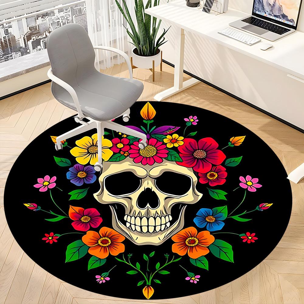 1PC Day of the Dead Skull Office Round Rug, Non slip, Soft and Durable Office Rug for Interior Decoration, Perfect for Office
