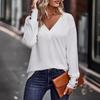 Fashion Women's Casual Tops Solid Color V-neck Loose Long-sleeved T-shirt Buttons Comfortable and Versatile T-shirt for Ladies