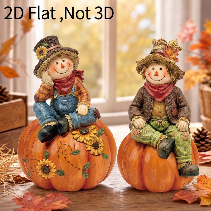 2 Autumn scarecrow Wooden Tabletop Ornaments for Thanksgiving, Pumpkin maple leaf Dining Table, Fireplace Bookshelf Decoration