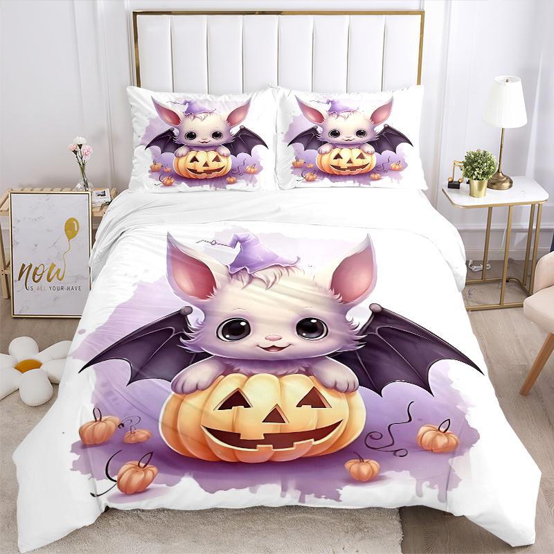 3pcs Wizard Bat & Pumpkin Cute Design Bedding Set - 1 Soft Quilt Cover + 2 Pillowcases, Machine Washable - Suitable for All Seasons, Perfect