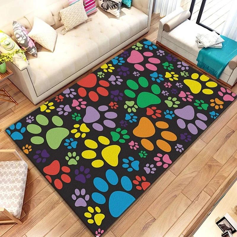 Colorful Pet Paw Print Pattern Rug Various Styles with Vibrant Multi Colored Paws Classic Black Pink Brown Designs Home Decor