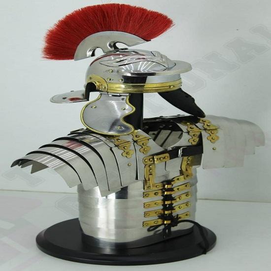 Roman Legionary Helmet with Stand & Medieval Lorica Segmentata LARP Jacket