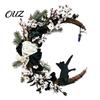 Decorative Resin Cat Statue Halloween Black Half Moon Wreath, Artificial Roses Berries Crescent Grapevine Autumnal Floral Door Hanger Spooky