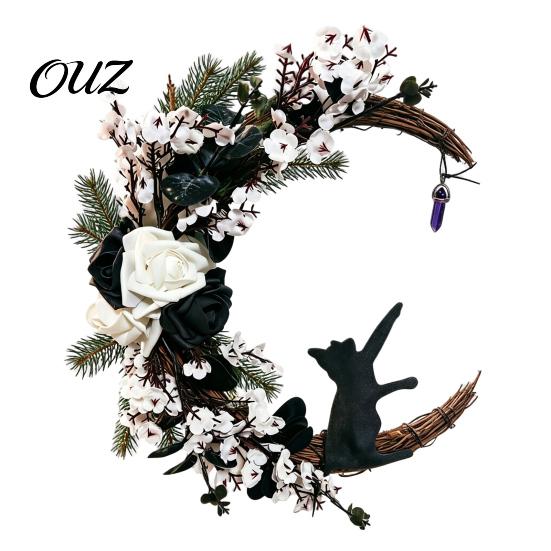 Decorative Resin Cat Statue Halloween Black Half Moon Wreath, Artificial Roses Berries Crescent Grapevine Autumnal Floral Door Hanger Spooky