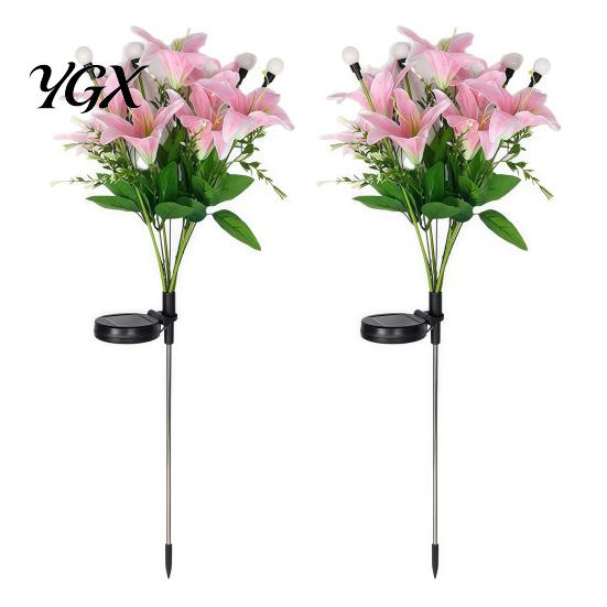 Decorative Flower Stakes for Lawn 2Pcs Artificial Solar Lights, Lily Bamboo Wisteria Garden Stake Outdoor Accents Powered Firefly Waterproof