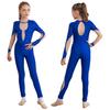 Kids Girls Shiny Gymnastics Unitard Bodysuit Long Sleeve Back Keyhole Mesh Patchwork Ice Skating Jumpsuit