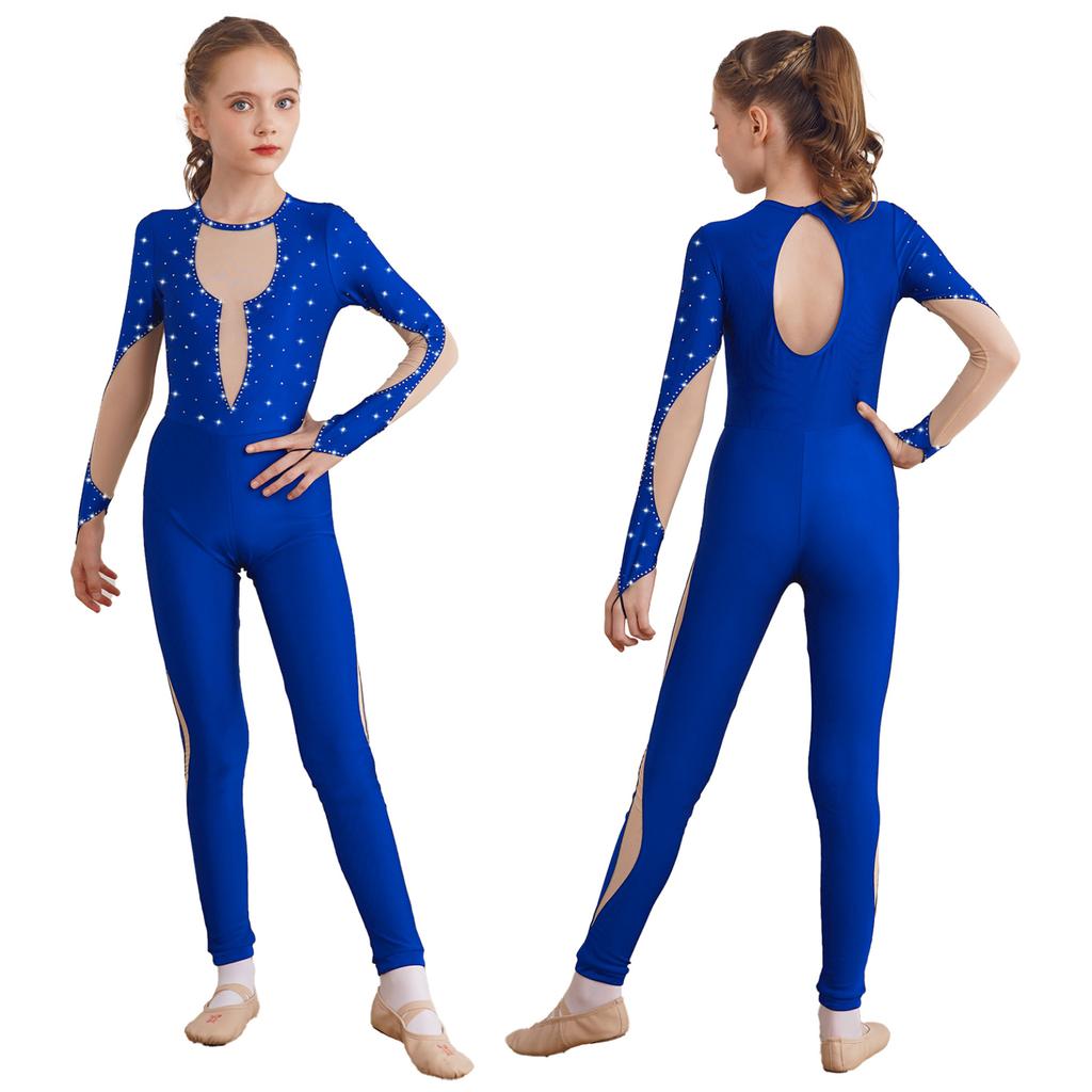 Kids Girls Shiny Gymnastics Unitard Bodysuit Long Sleeve Back Keyhole Mesh Patchwork Ice Skating Jumpsuit