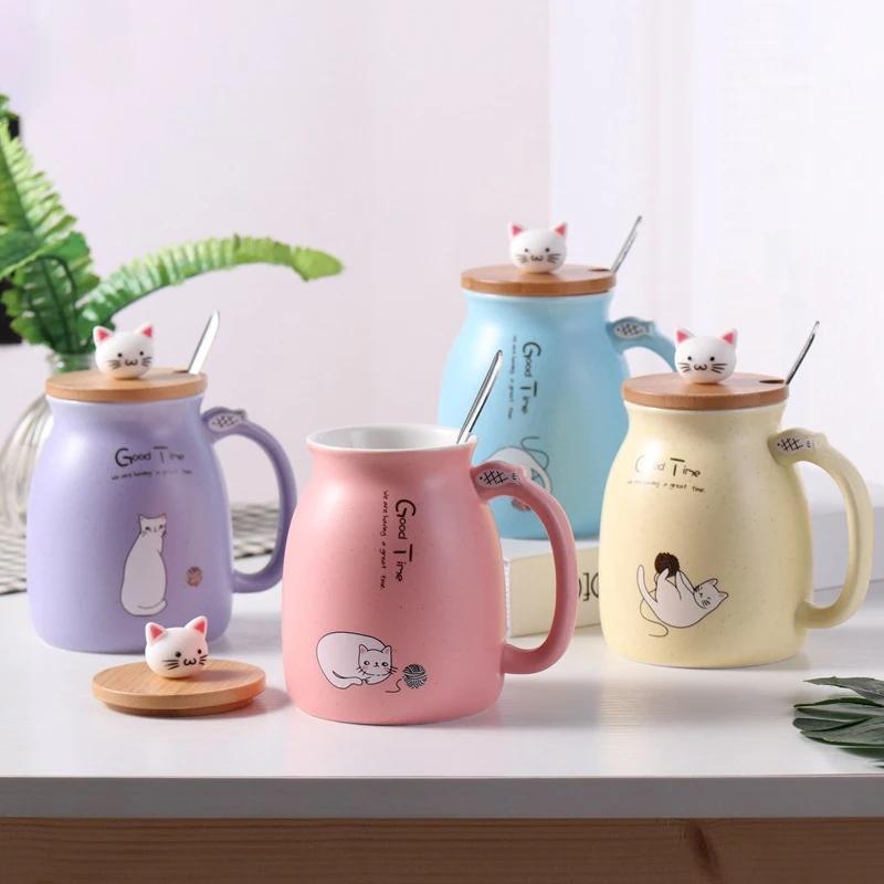 Coffee Mug With Lid Cat Style Ceramic Coffee Cup with Spoon Cute Kawaii Large Capacity Milk Tea Mug with Handle Birthday Gift