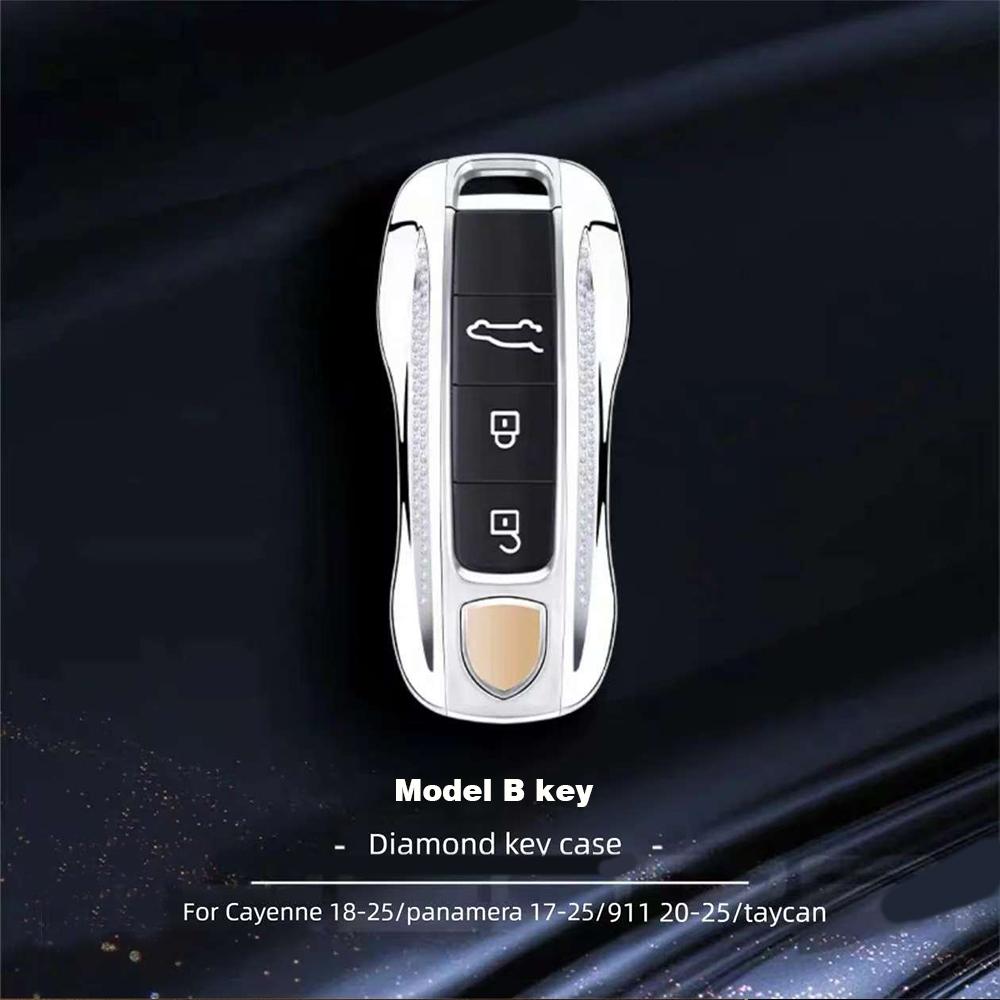 Металлический чехол для ключей с алмазным покрытием для Porsche Cayenne Panamera Macan Cayman 718 911 Taycan Глянцевый хромированный корпус ключа Чехол для автомобильного ключа