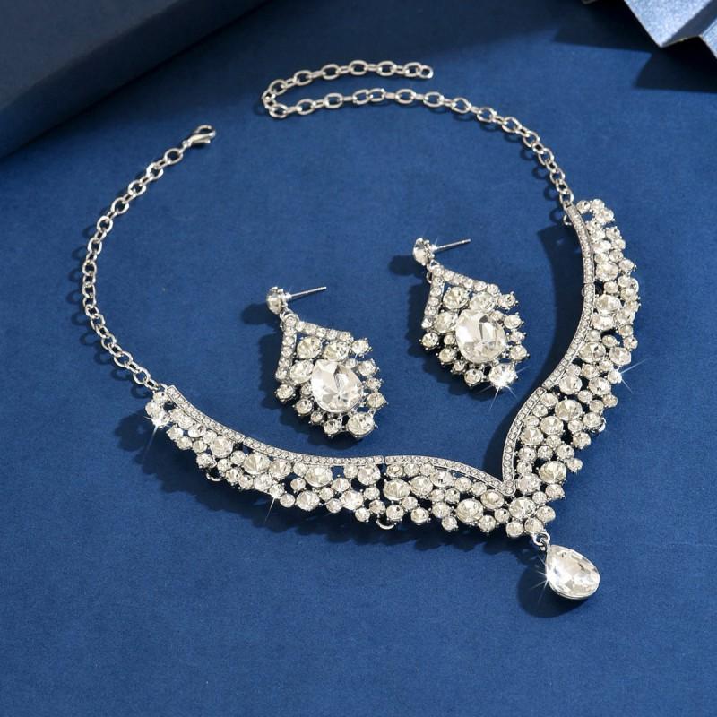 Vintage Rhinestone Statement Necklace Set Women Bold Party Jewelry With Earrings Alloy Chain Heart/Drop/Bell Pendant