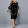 Women O Neck 3/4 Sleeve Sheer Patchwork Shiny Sequins Bodycon Knee-length Dress