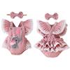 Newborn Girl Outfit, Fly Sleeve Embroidery Elephant Heart Romper with Hairband Valentine 's Day Clothes