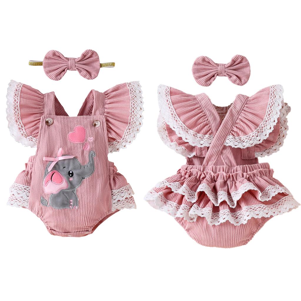 Newborn Girl Outfit, Fly Sleeve Embroidery Elephant Heart Romper with Hairband Valentine 's Day Clothes