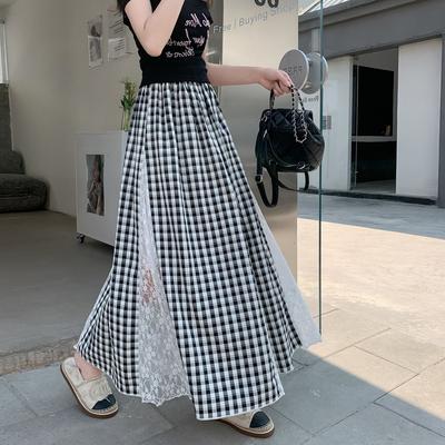 Клетчатая кружевная юбка для женщин на лето в корейском стиле, приталенного кроя, А-силуэта, длинная юбка