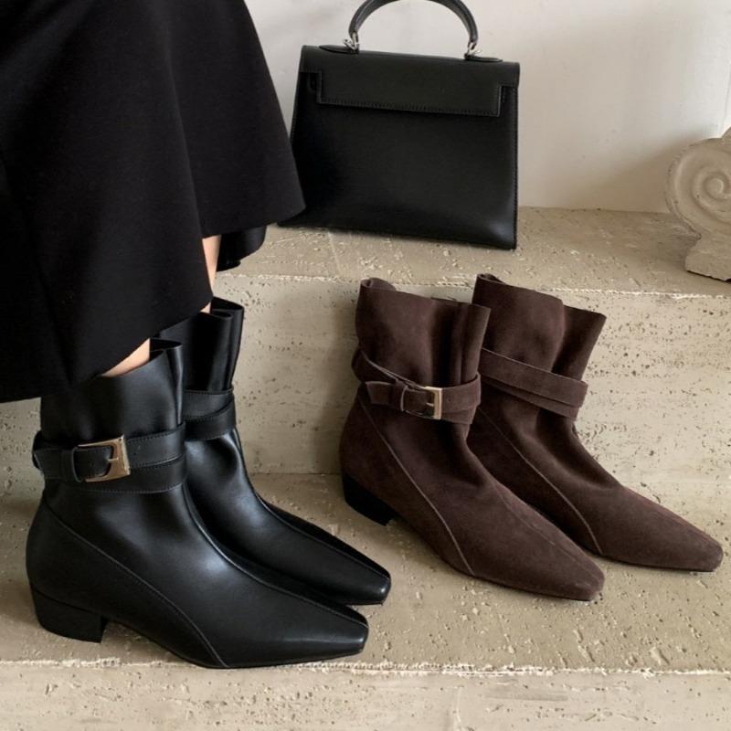 Square-toed Belt-buckle Ankle Boots, Women's Chunk-heeled Boots, Retro Versatile Boots, Women's Shoes