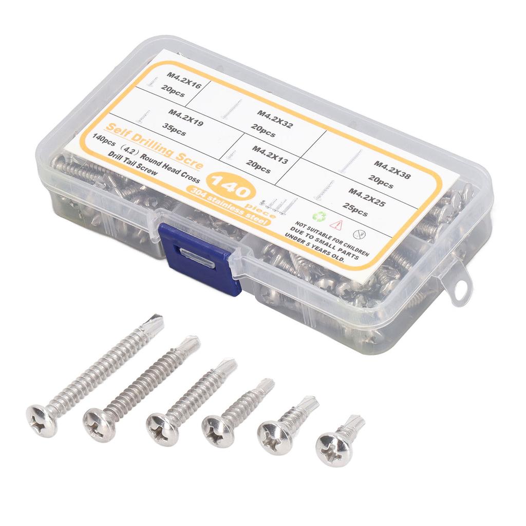 140PCS M4.2 Round Head Cross Screw Assortment Deep Thread 410 Stainless Steel Self Drilling Screws