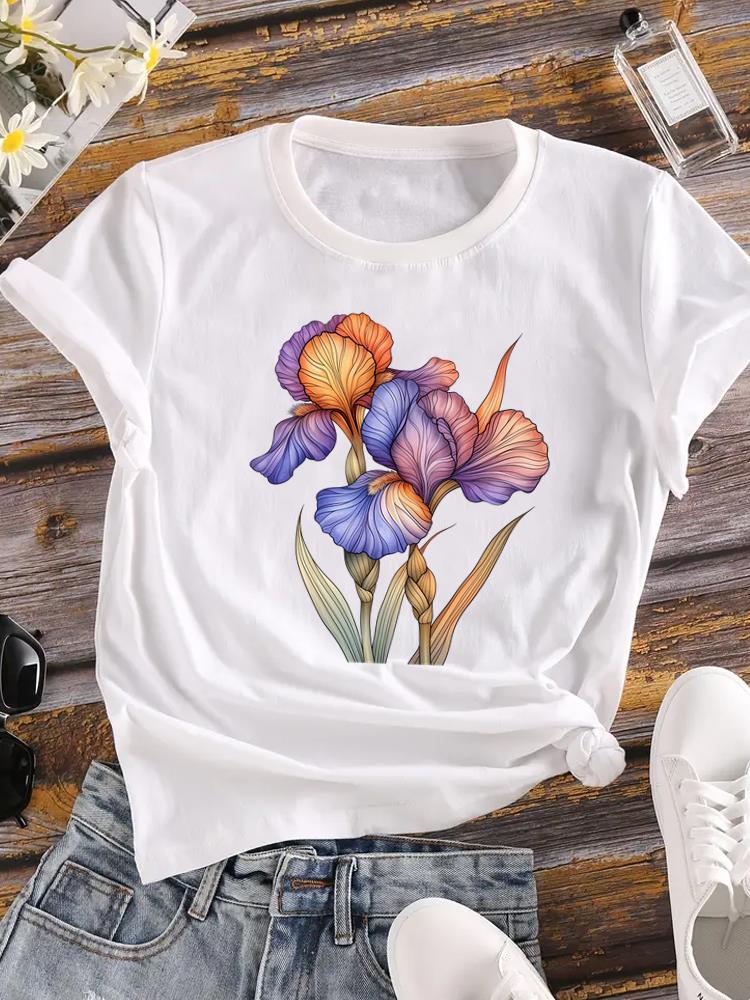(Asian Size) Lovely Flower Trend Cute Short Sleeve T Shirt Casual Tee Top Fashion Women Clothing Printed O-neck Ladies Female Graphic T-shirts