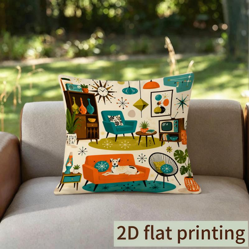 2D Flat Printing, Retro Mid-Century Modern Scene Design, 1pc Double-Sided Pillow Cover, 17.7 X 17.7 Inches, Non-Embroidered, No Insert Included, Ideal