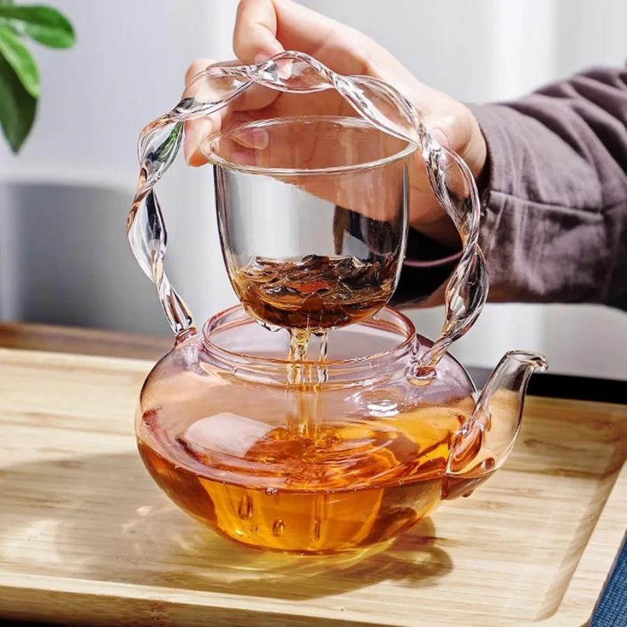 700ml Glass Teapot Tea Water Separation Handle Pot Creative Pink Butterfly Button Flower Teaset High Temperature Resistant Cup