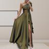 Women Evening Dress High Slit One Shoulder Sleeveless Pleated High Waist Irregular Pure Color Cocktail