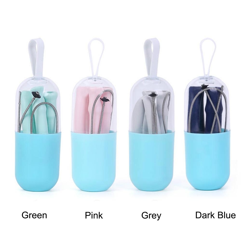 Silicone Folding Straw Capsule Box Set with Cleaning Brush Final Silicone Straw Small Package Color Random