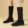 Мода Модные сапоги женские 2024 на зиму Длинные сапоги с металлическими пуговицами Круглый носок Сапоги до середины икры Черные толстые каблуки Офисные женские сапоги