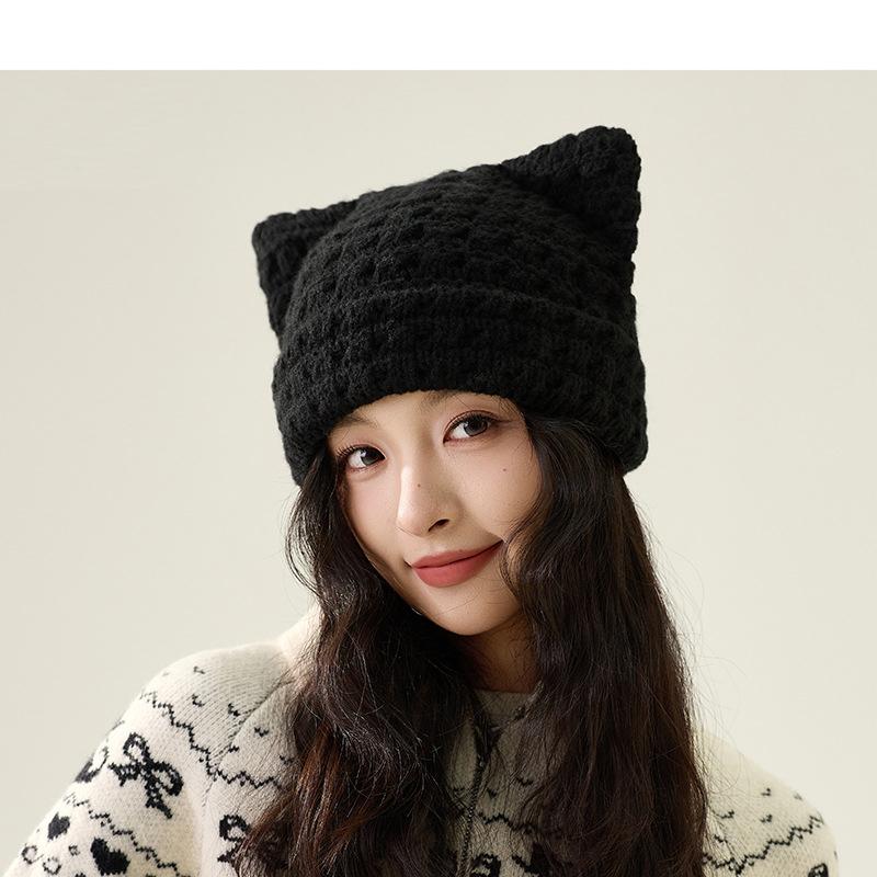Шерстяная шапка с кошачьими ушками Осень Зима Большая голова Теплая Защита ушей Вязаная шапка