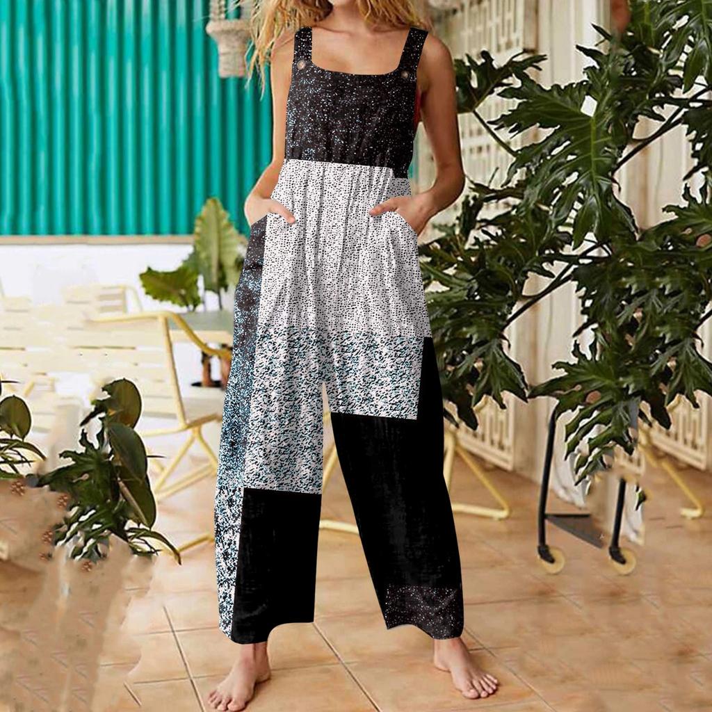 Women's Fashion Casual Loose Back Straps Wide Leg Vintage Printed Jumpsuit