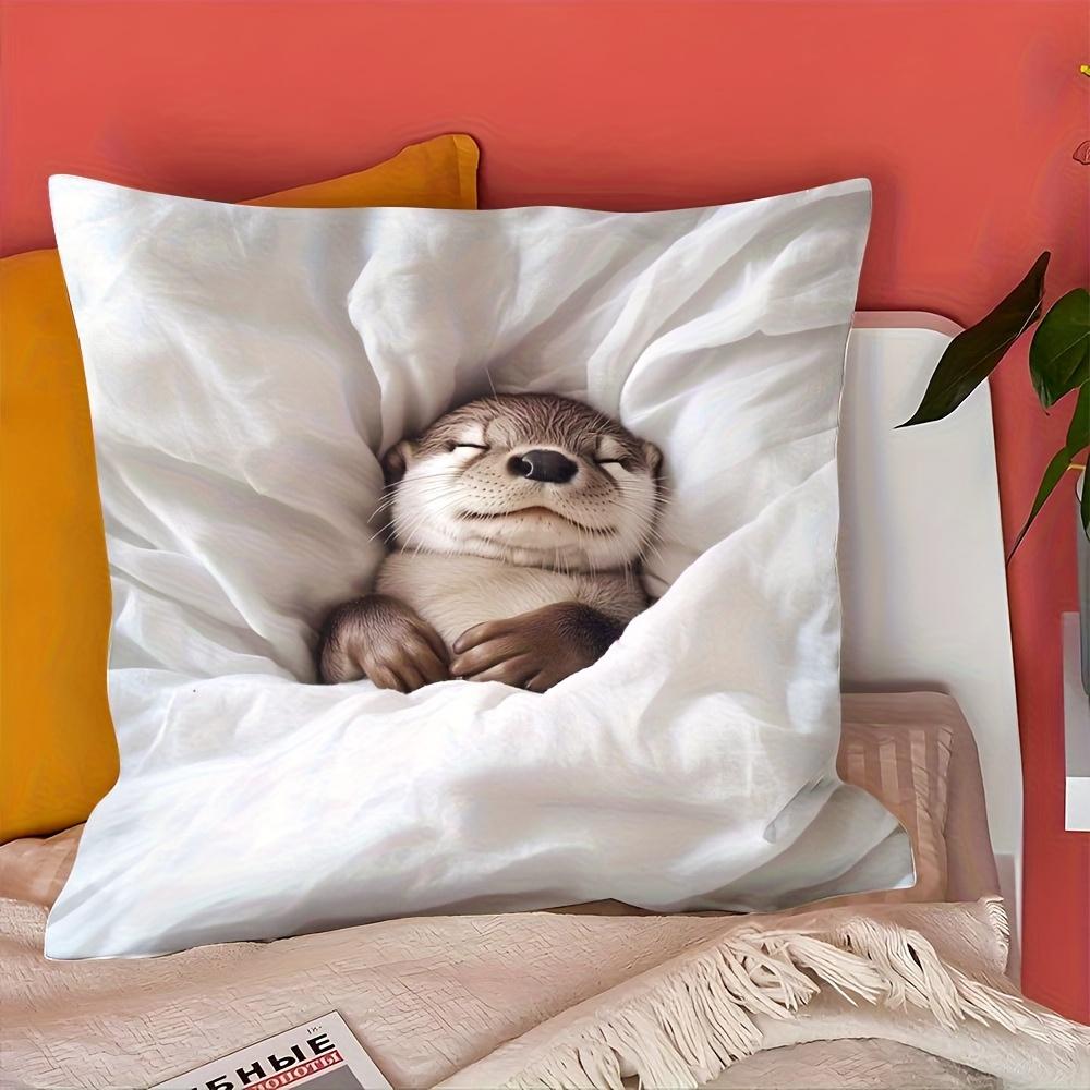 1pc Vintage Cute Beaver Sleeping on Bed Pillowcase - Designed with a Pattern, Zipper Closure, Single-Sided Print, 45.72x45.72cm Short Plush Pillow Cov