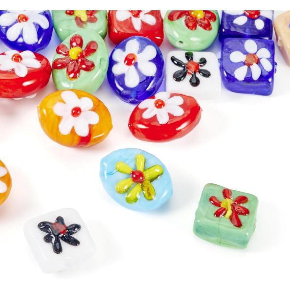 20 шт. Овальные квадратные бусины лэмпворк ручной работы с цветочным узором, разноцветные стеклянные бусины лэмпворк миллефиори, милые цветочные плоские овальные кубические бусины-разделители для DIY
