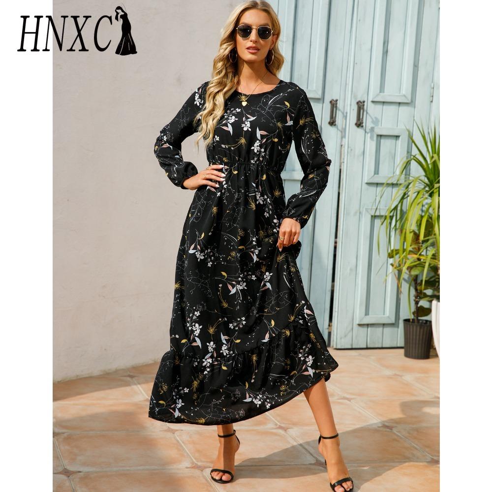 HNXC Весна Лето Богемный Женское Макси Платье Повседневный Длинный Рукав Высокая Талия Пляжное Платье Женские Цветочные Шифоновые Платья Vestidoes Mujer Новинка