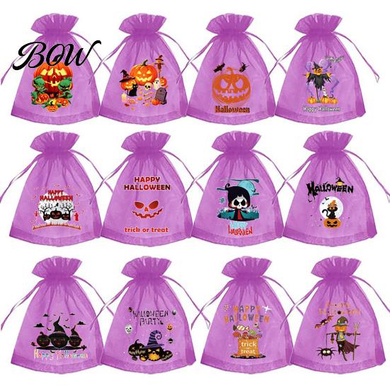 Party Favor Bag 12 Pcs Halloween Organza Candy Bag, Drawstring Treat Pouch with Pumpkin Ghost Bat Spooky Print, Sheer for Snacks, Trick or Gift