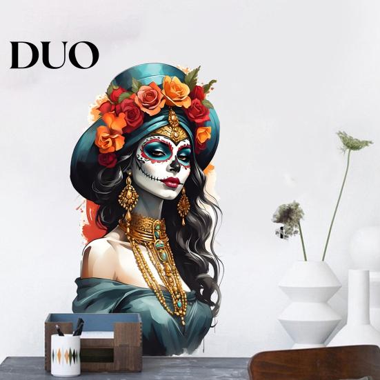 Durable Outdoor Window Stickers Mexican Katrina Skeleton Girl Wall Sticker, Day of The Dead Artistic Decor Portrait Decal, Waterproof PVC Cling